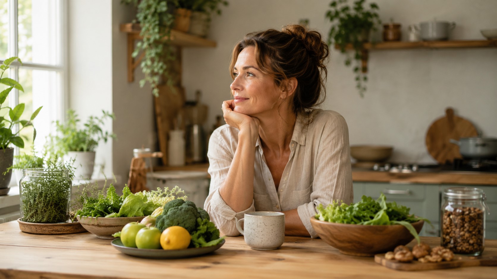 Vrouw in een rustige keuken met gezonde voeding als symbool voor een gezonde leefstijl en balans.